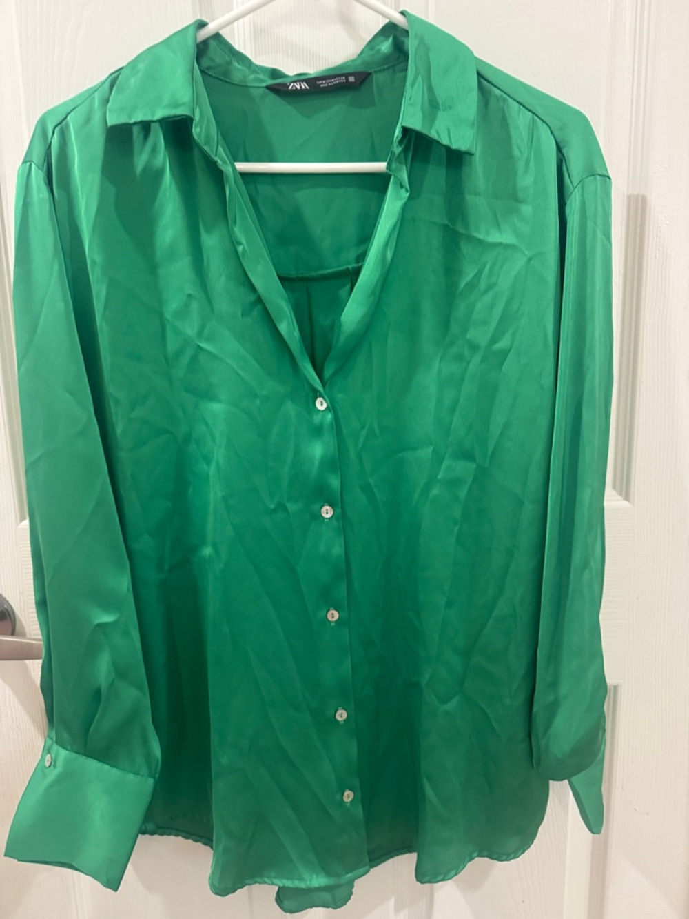 ZARA Bright Green Satin Button-Front Blouse